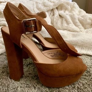 Tan Suede Open Toed Heels